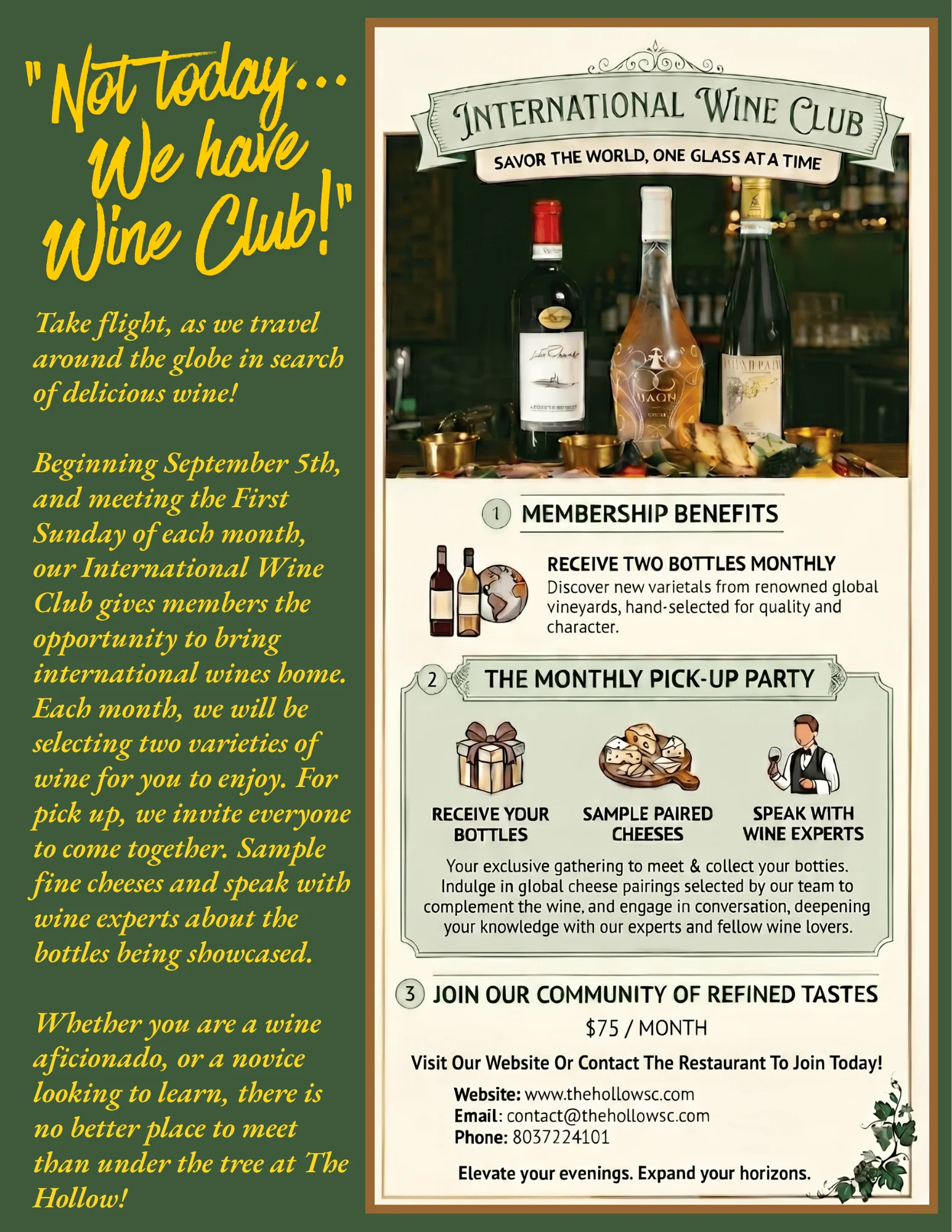 Promotional flyer for an International Wine Club event