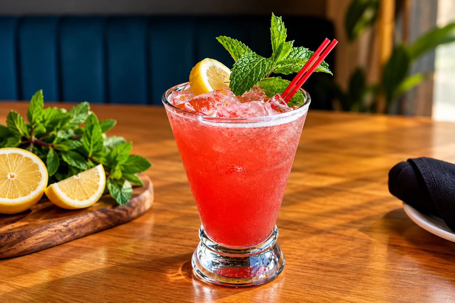 Vibrant citrus mocktail with mint garnish in a restaurant glass