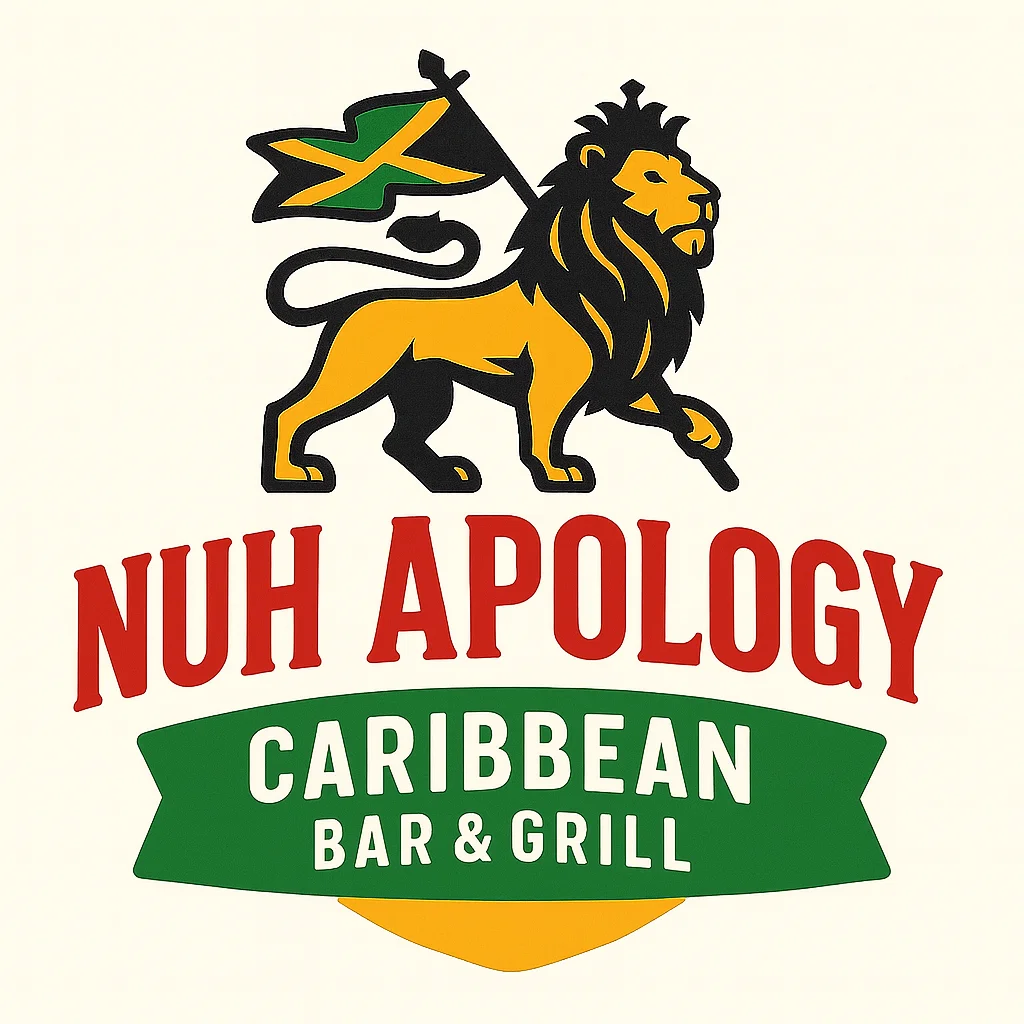 A colorful logo featuring a lion and the Jamaican flag, representing a Caribbean bar and grill.