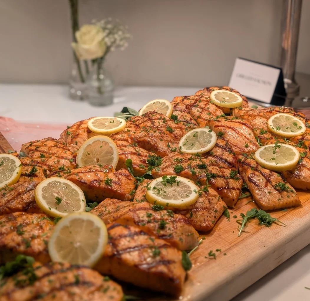 Grilled salmon fillets garnished with lemon slices and herbs on a wooden platter.