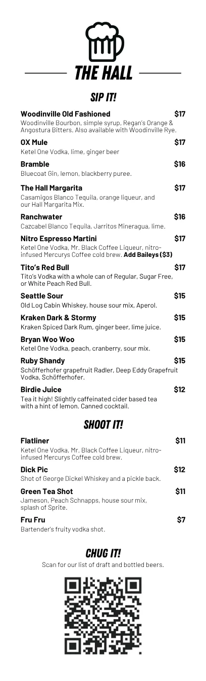 Cocktail menu featuring various drinks at a modern bar