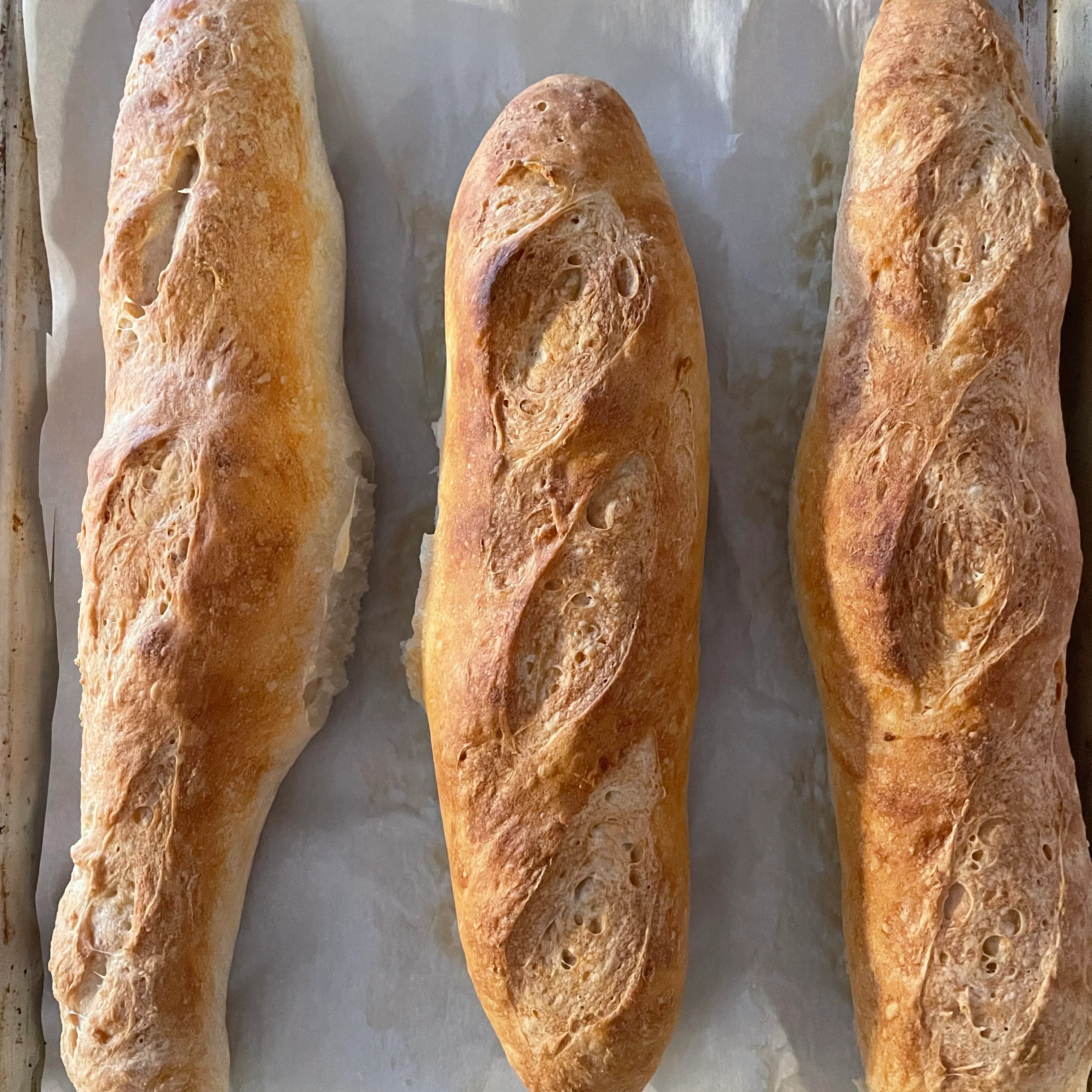 Freshly baked French baguettes on parchment paper