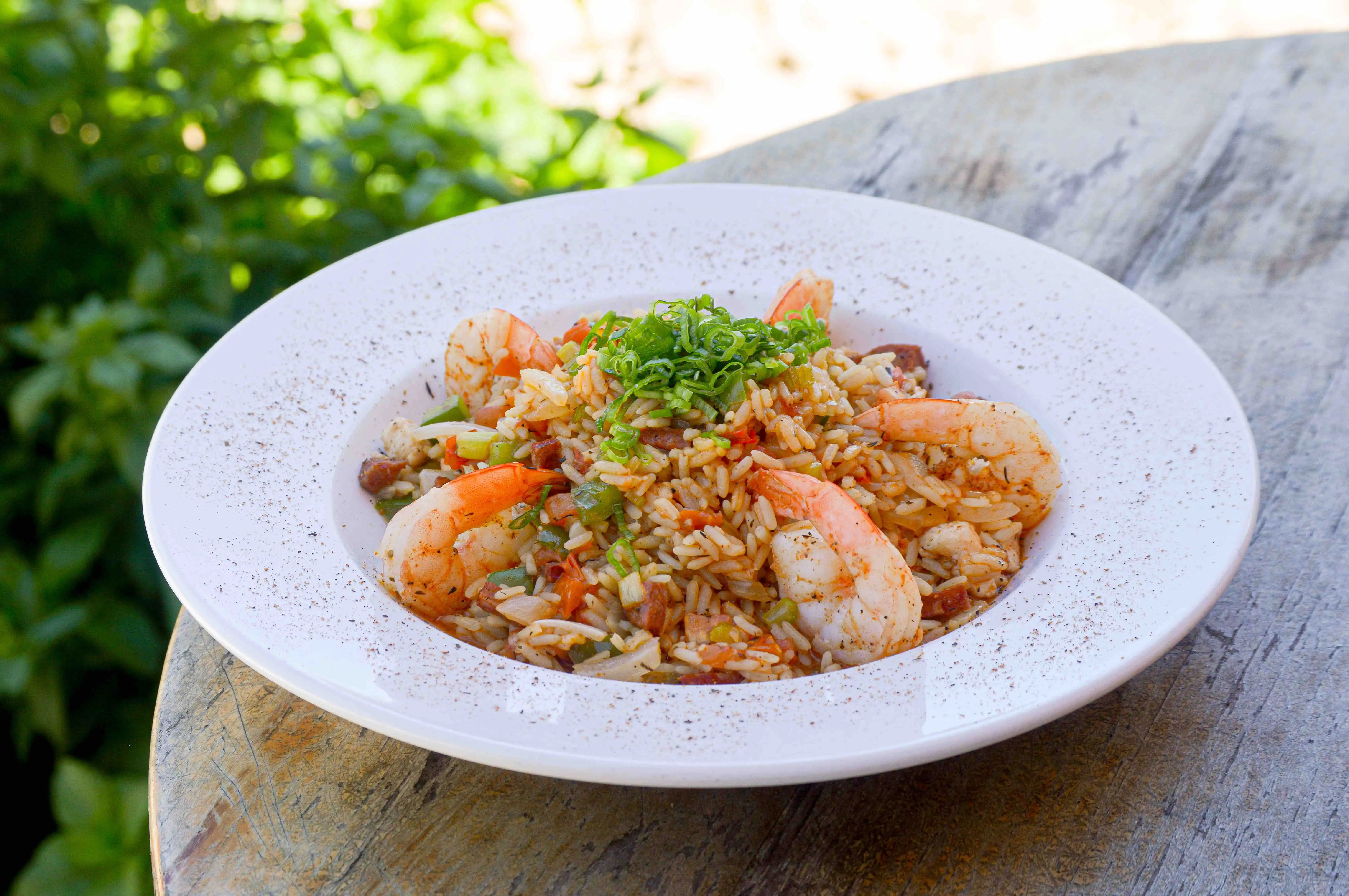 A bowl of Shrimp Primavera sits on the table outside in the sun