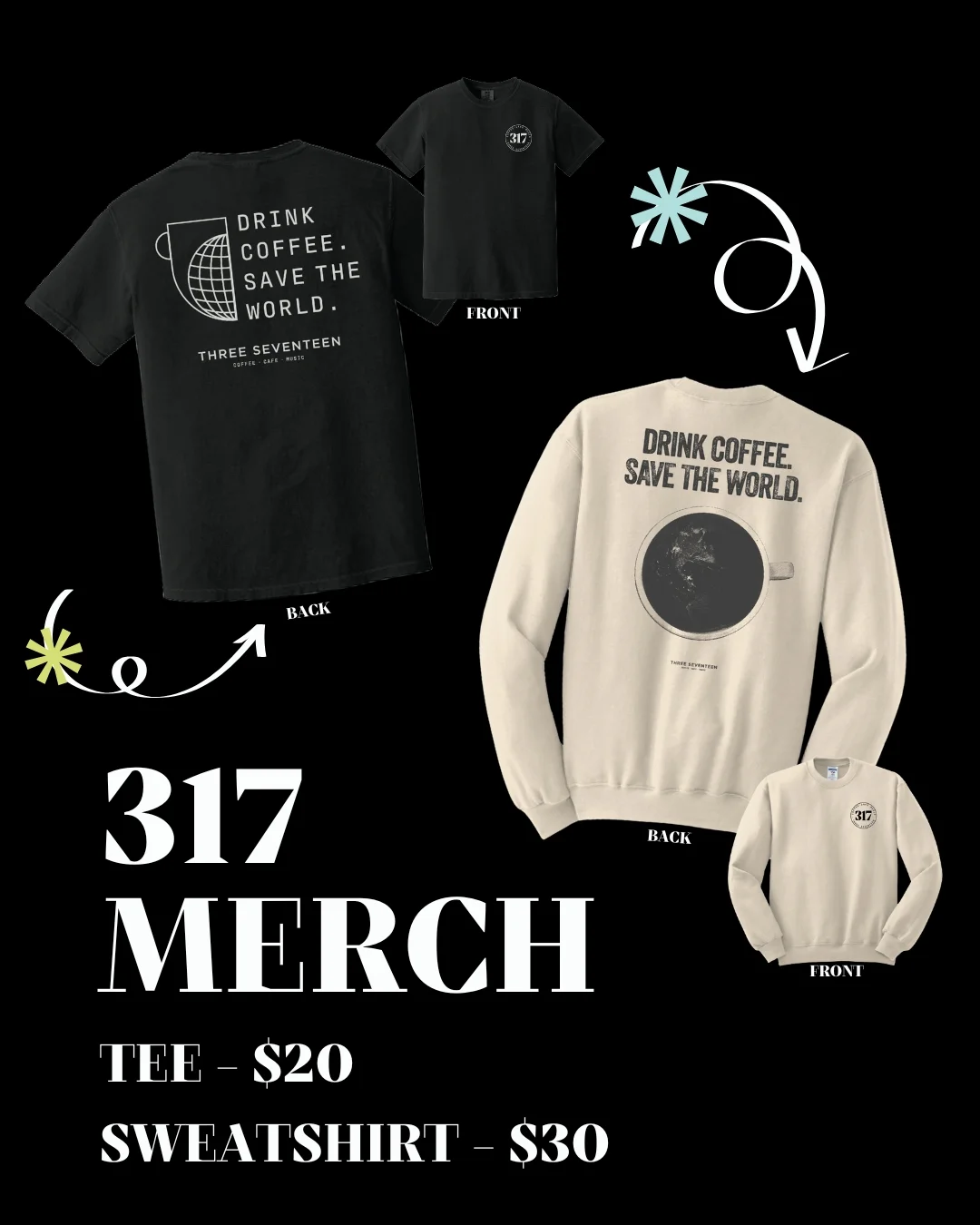 Merchandise display featuring coffee-themed apparel