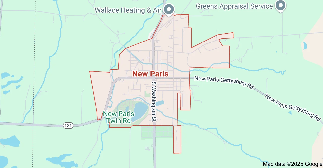 Map of New Paris, Ohio highlighting city boundaries
