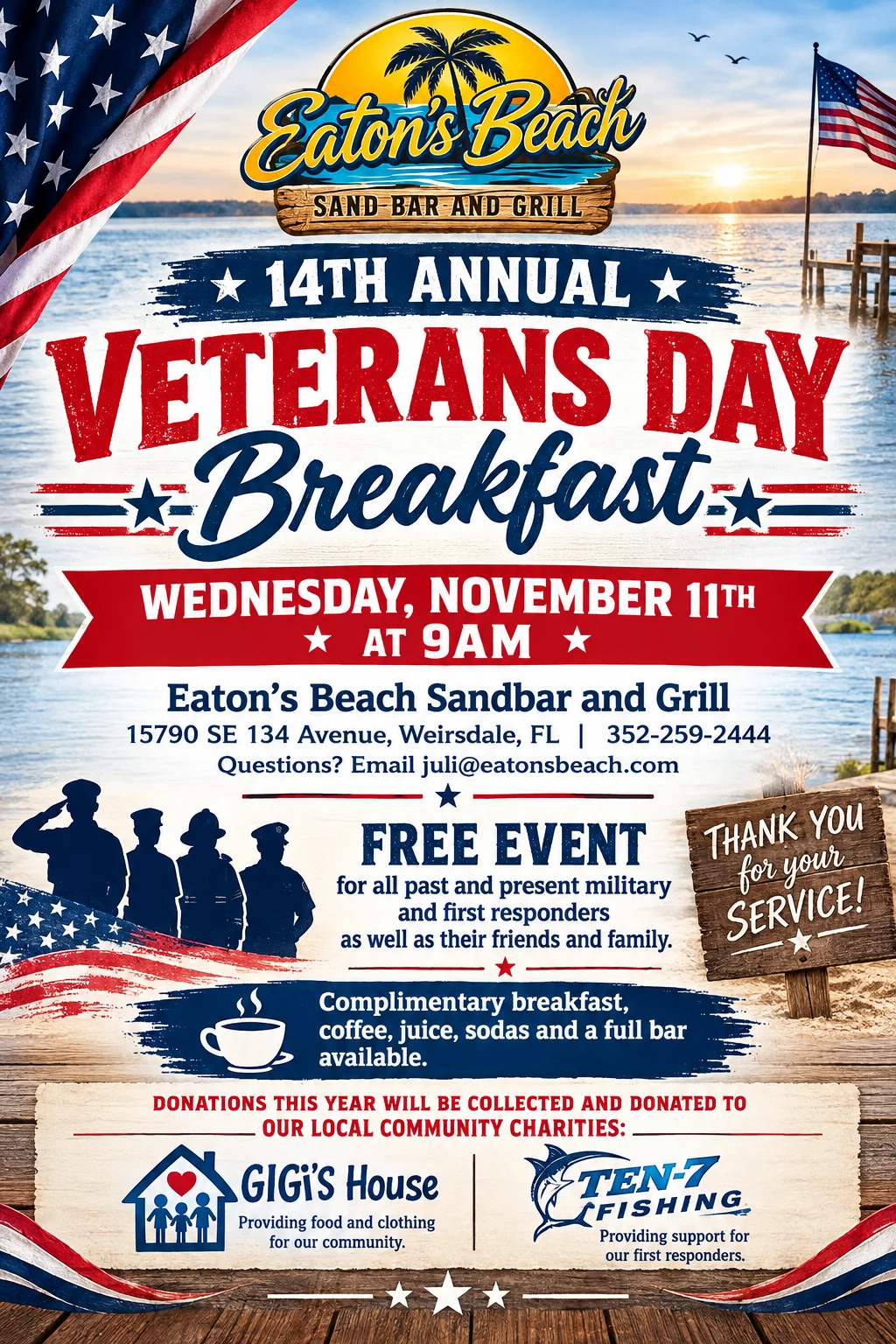 Promotional poster for Veterans Day breakfast event at Eaton's Beach Sandbar and Grill