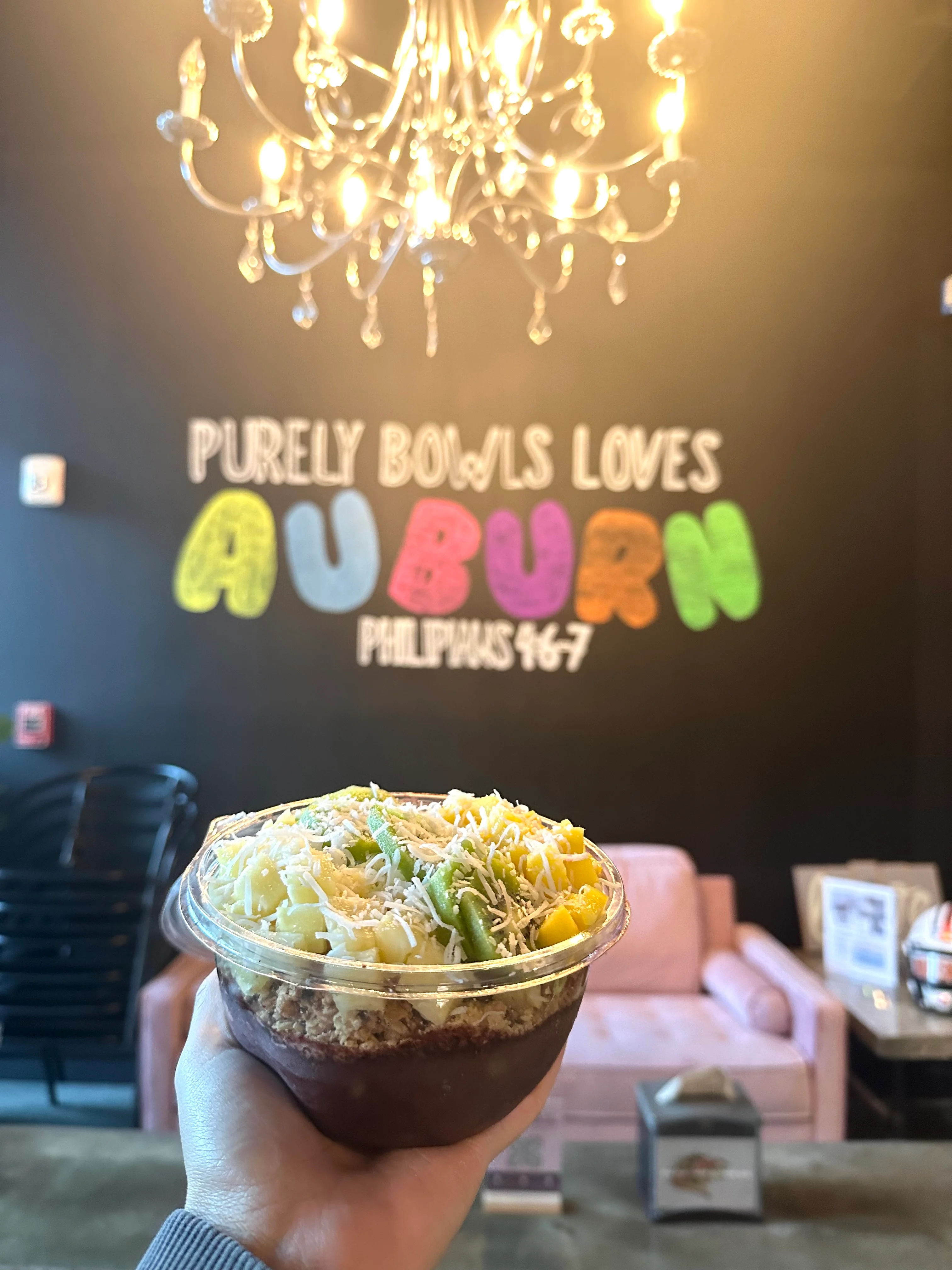 Colorful acai bowl topped with fresh fruits