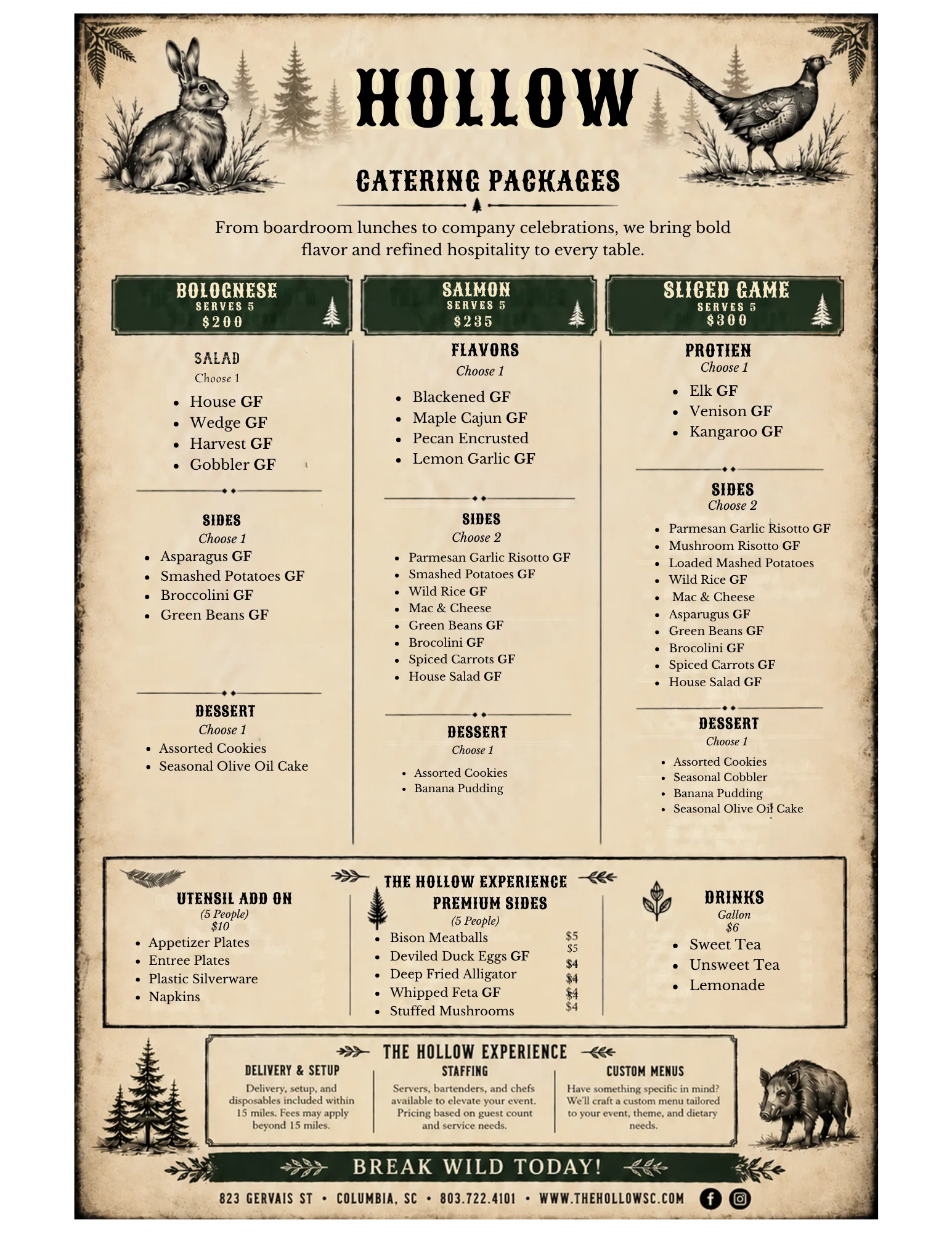 Catering packages menu flyer with Southern-inspired dishes and event services
