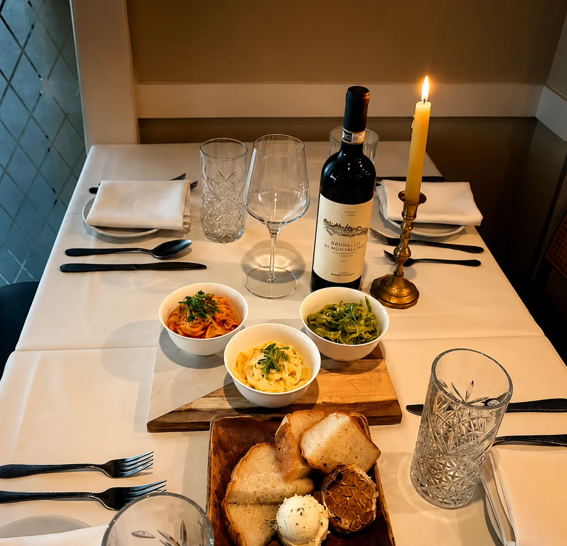 Italian pasta dishes with wine and bread on a dining table