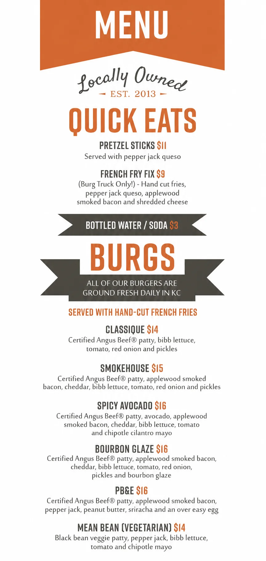Menu featuring gourmet burgers and quick eats