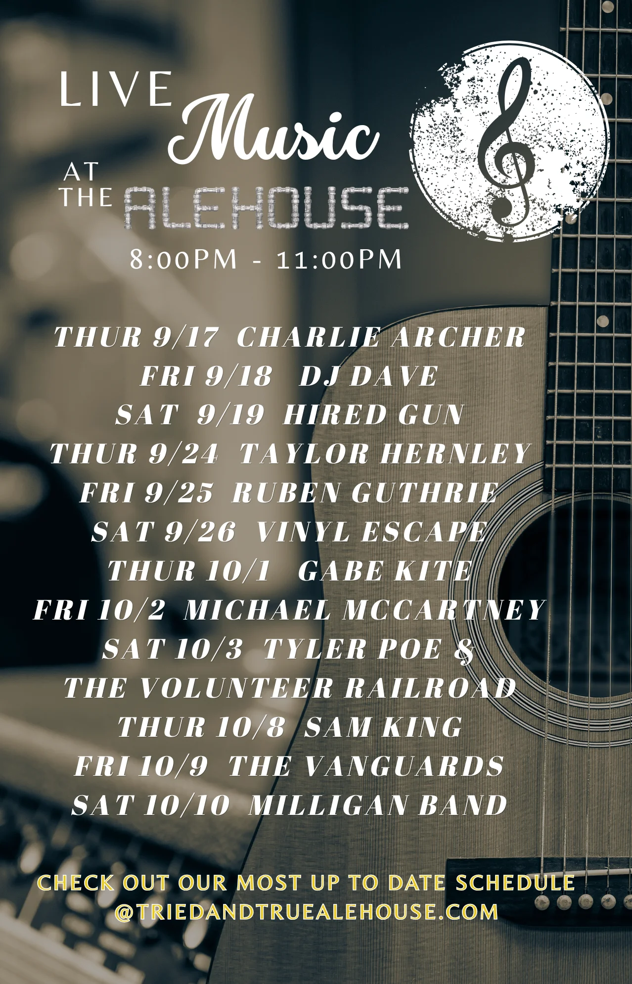 Live music schedule at the Alehouse with various artists and times