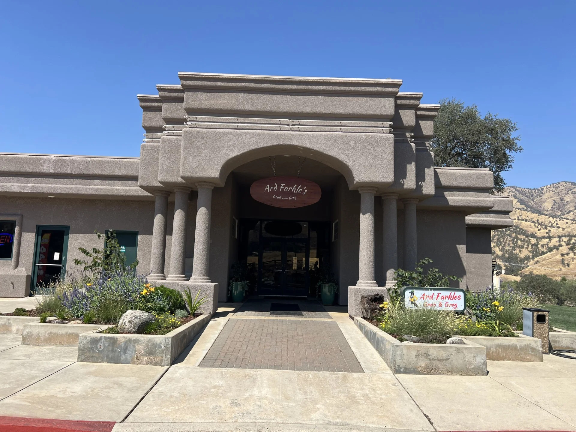 Exterior view of a cozy restaurant with unique architecture