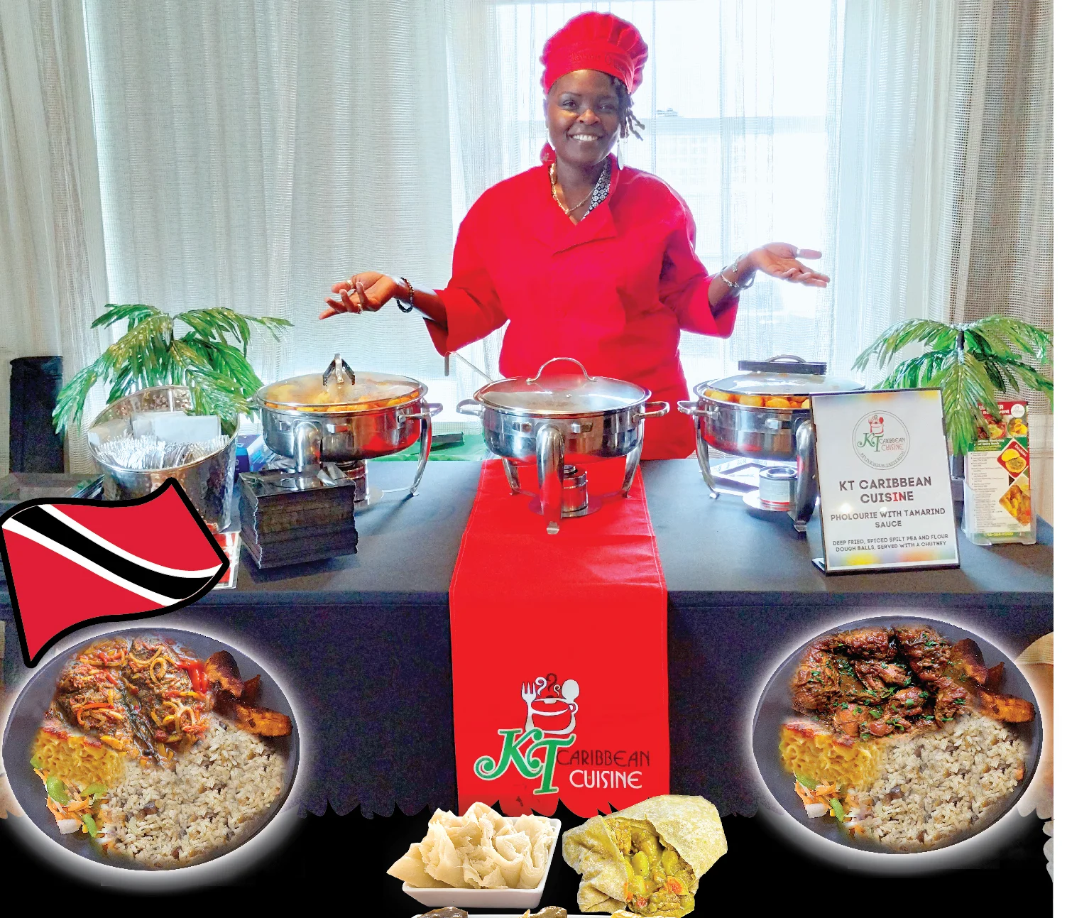 Trinidadian curry dish with rice and sides at a Caribbean food event