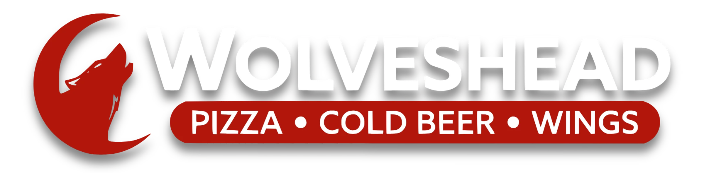 Wolveshead logo with the text pizza, cold beer, and wings.