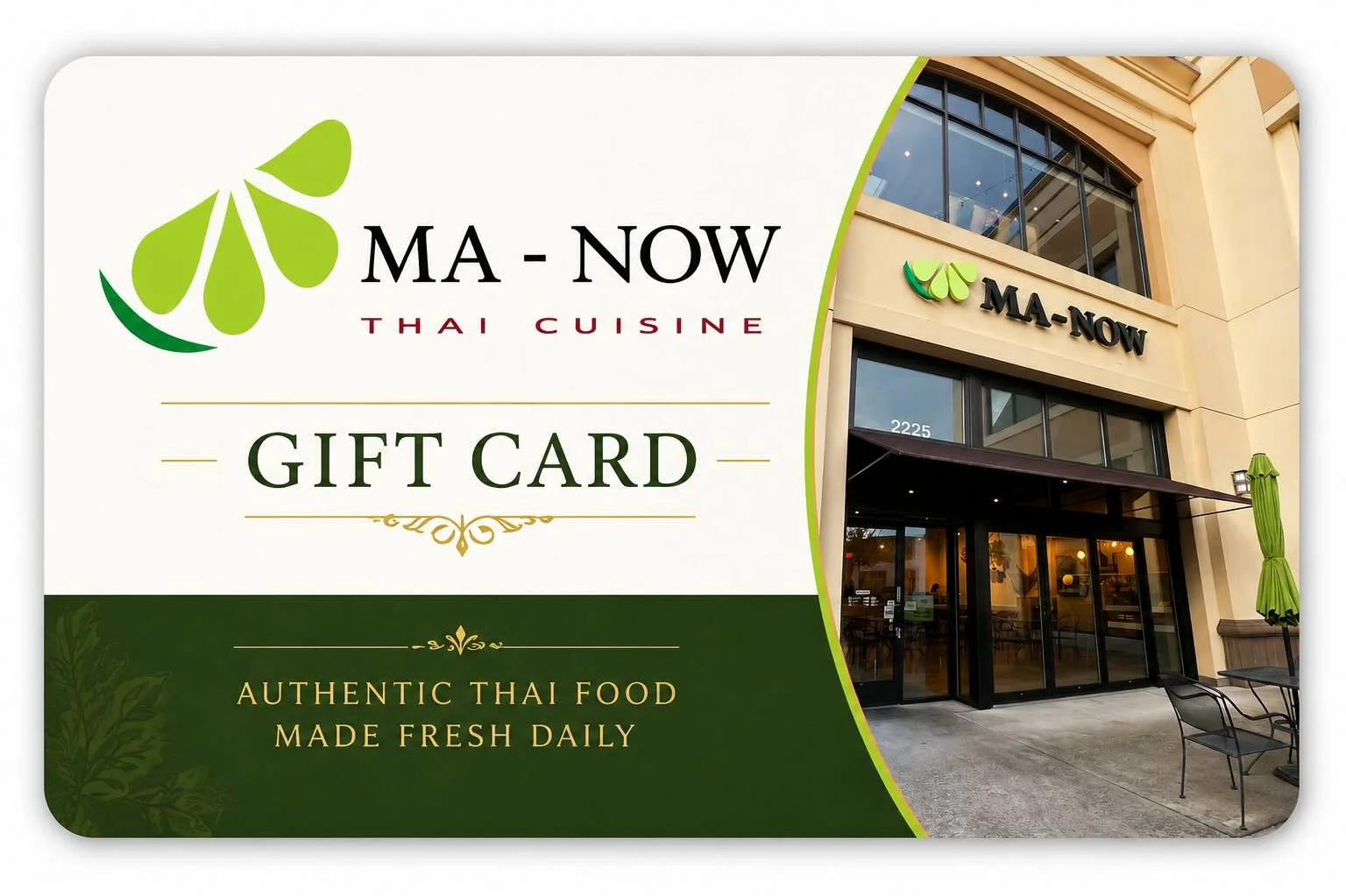 Gift card for authentic Thai cuisine at Ma-Now restaurant