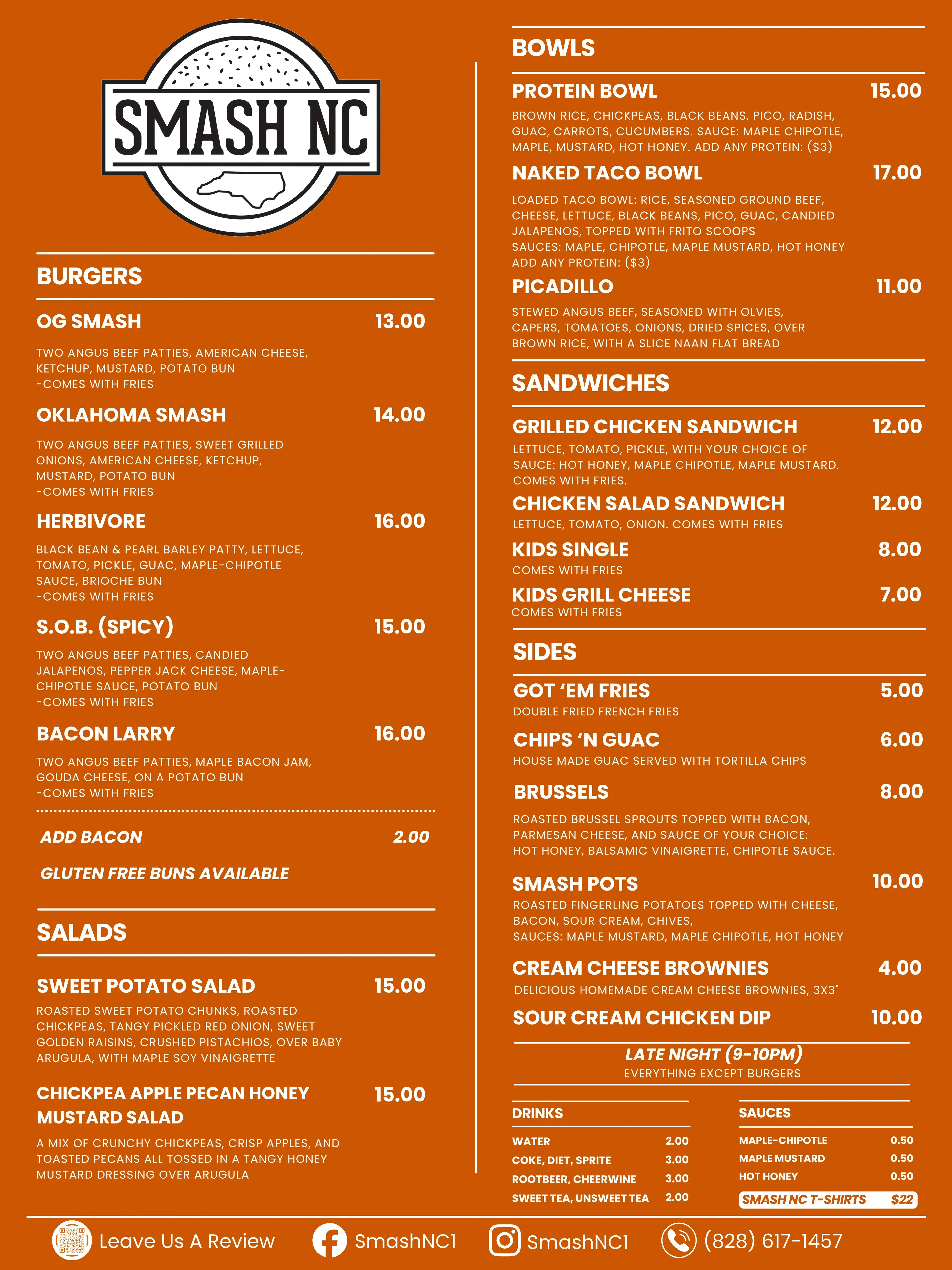 Menu featuring American burgers and bowls at Smash NC restaurant