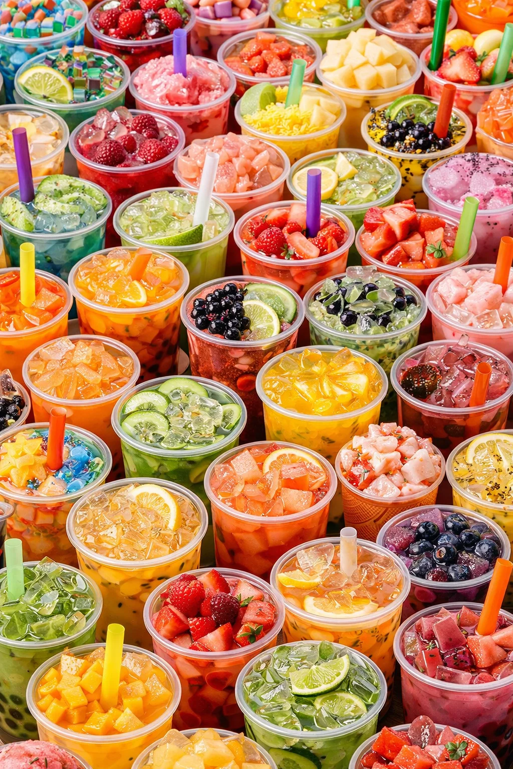 Colorful assortment of fruit drinks in clear cups