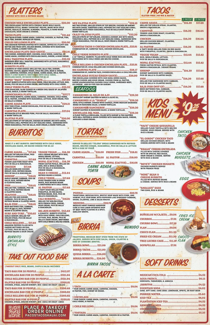 Mexican menu featuring tacos, burritos, and enchiladas