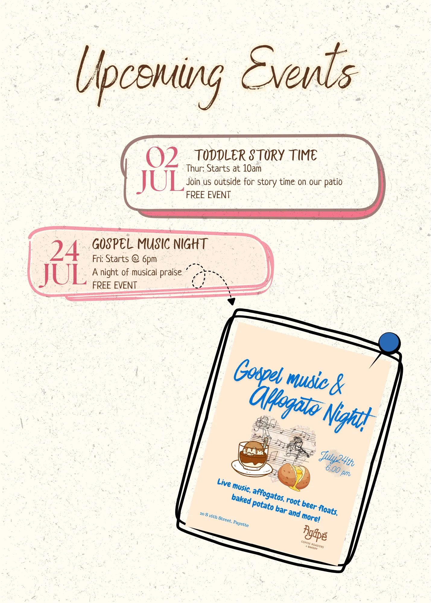 Upcoming events flyer for toddler story time and gospel music night