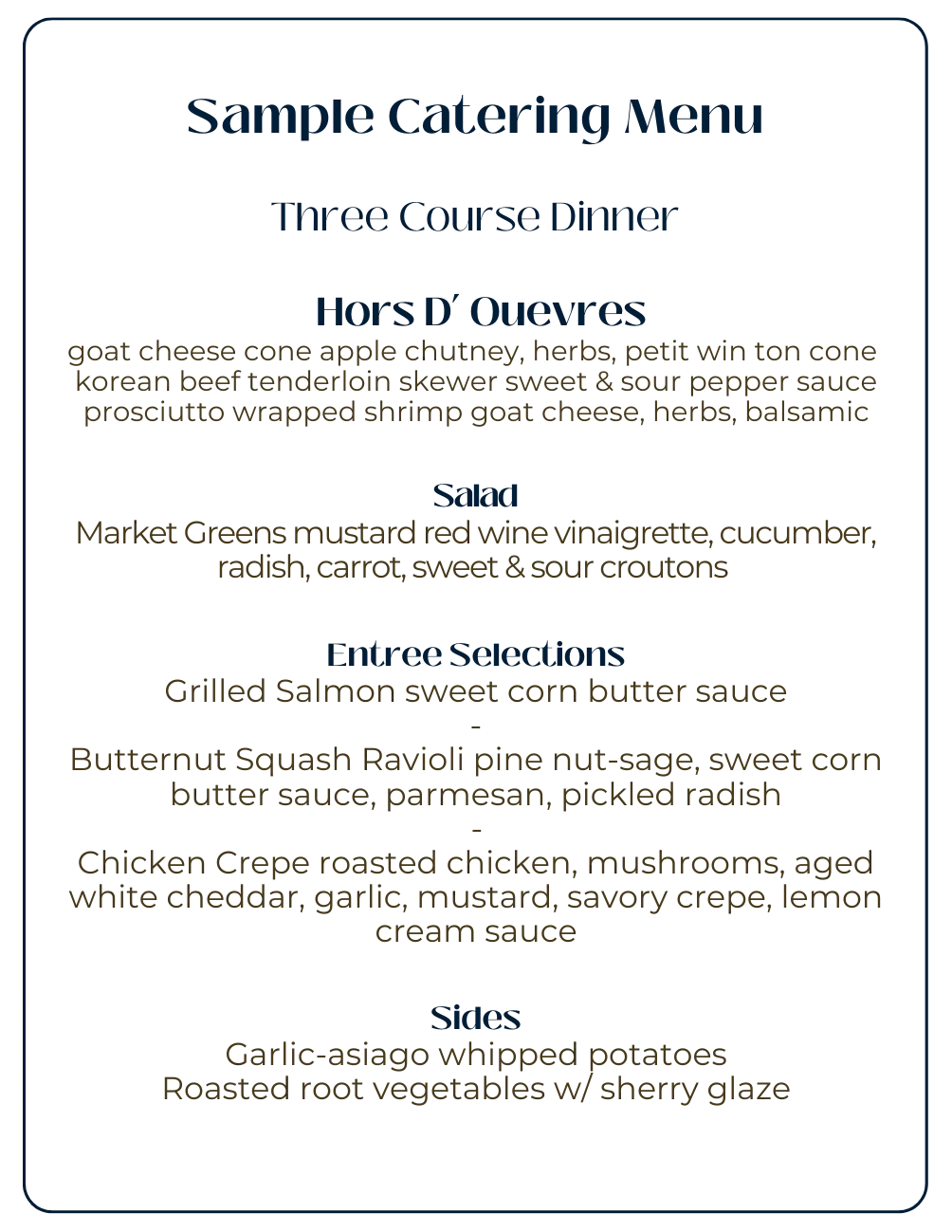 Elegant three course catering menu featuring diverse dishes