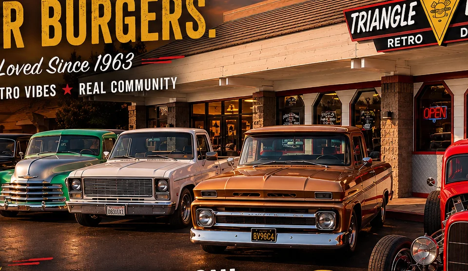Triangle Burgers diner with classic cars and retro signage in Fresno, CA.