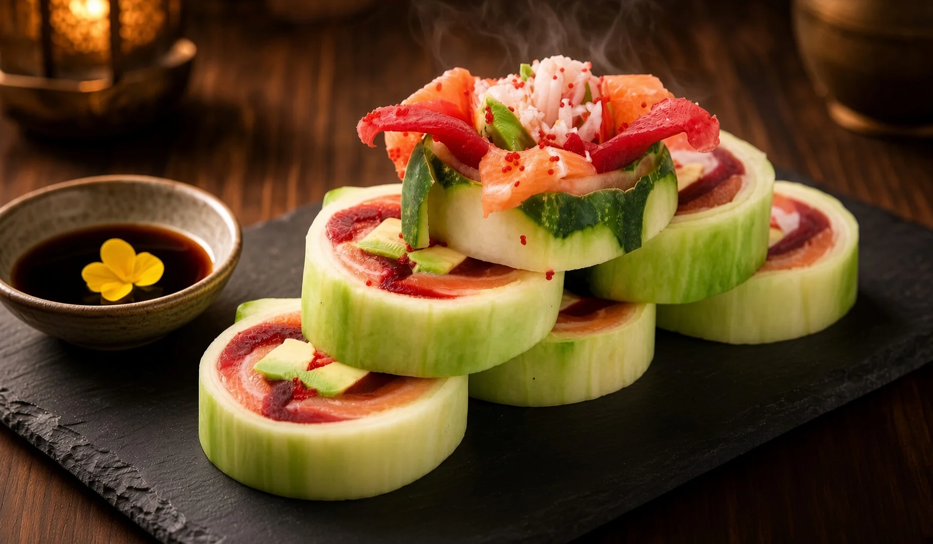 A colorful naruto roll display, showcasing layers of sashimi and vegetables rolled in cucumber slices, served with a small bowl of dipping sauce.