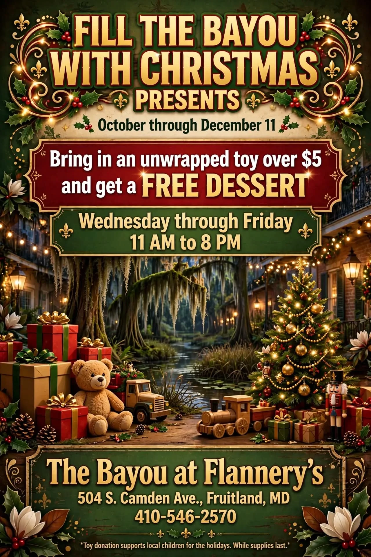 Christmas charity dessert promotion poster with festive bayou restaurant artwork