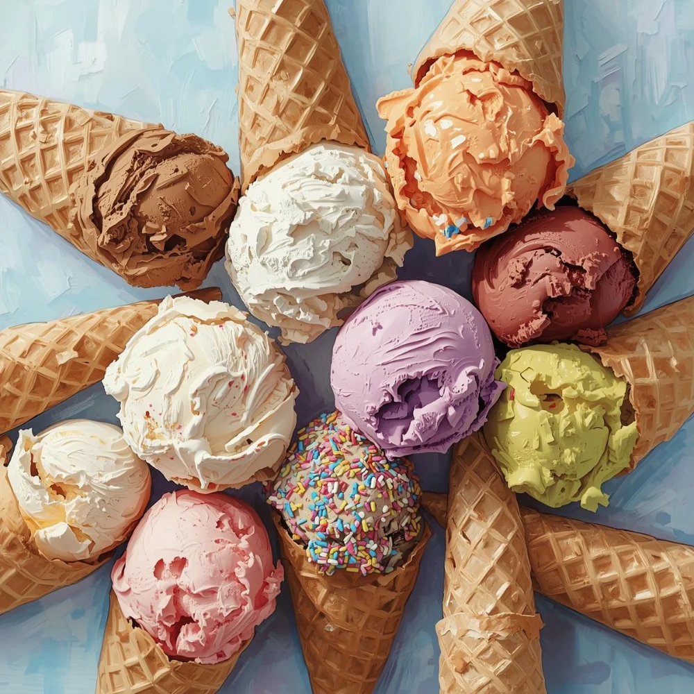 Colorful assortment of ice cream cones in various flavors