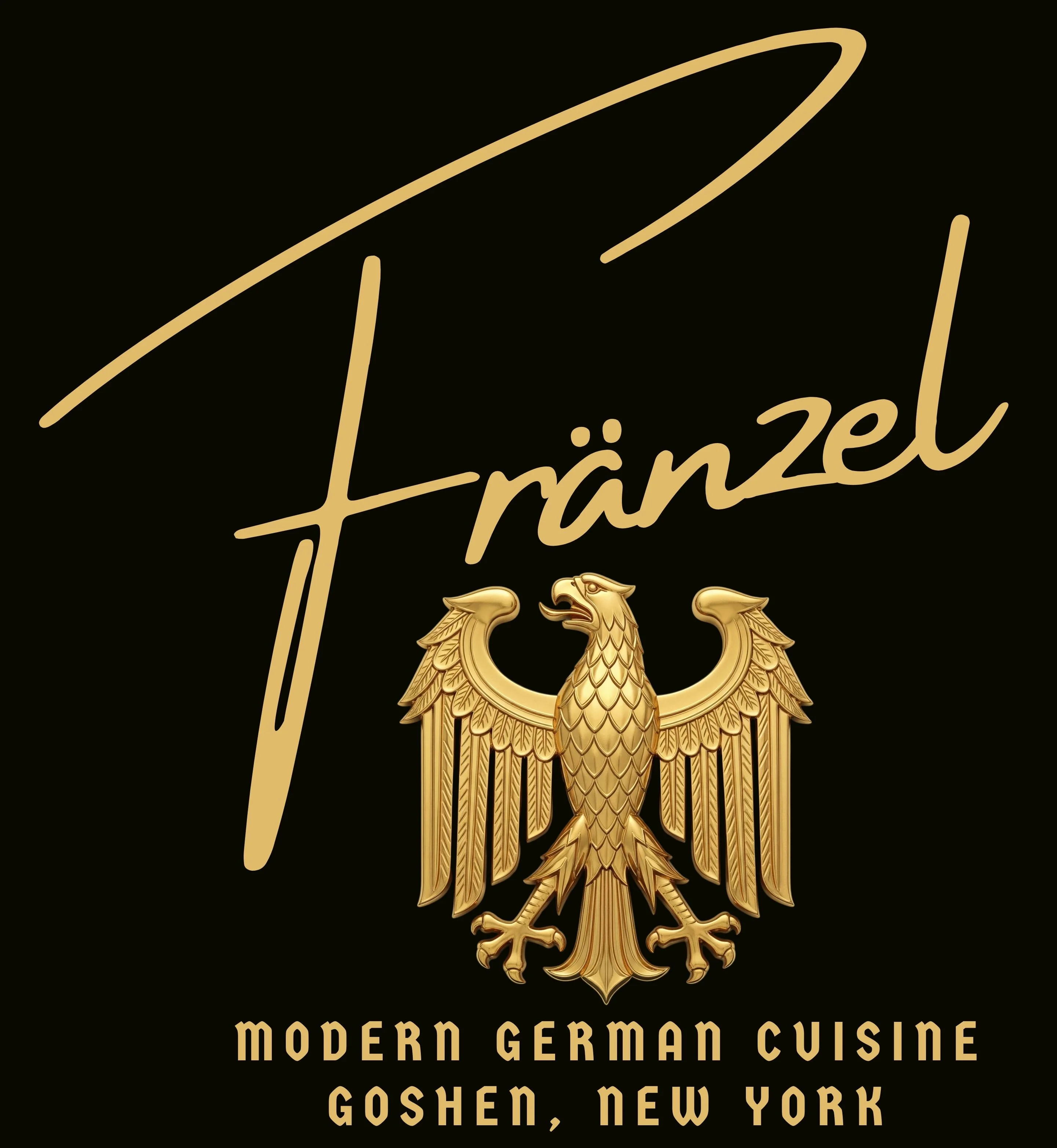 An elegant logo design featuring an eagle emblem with stylish text promoting modern German cuisine in Goshen, New York.