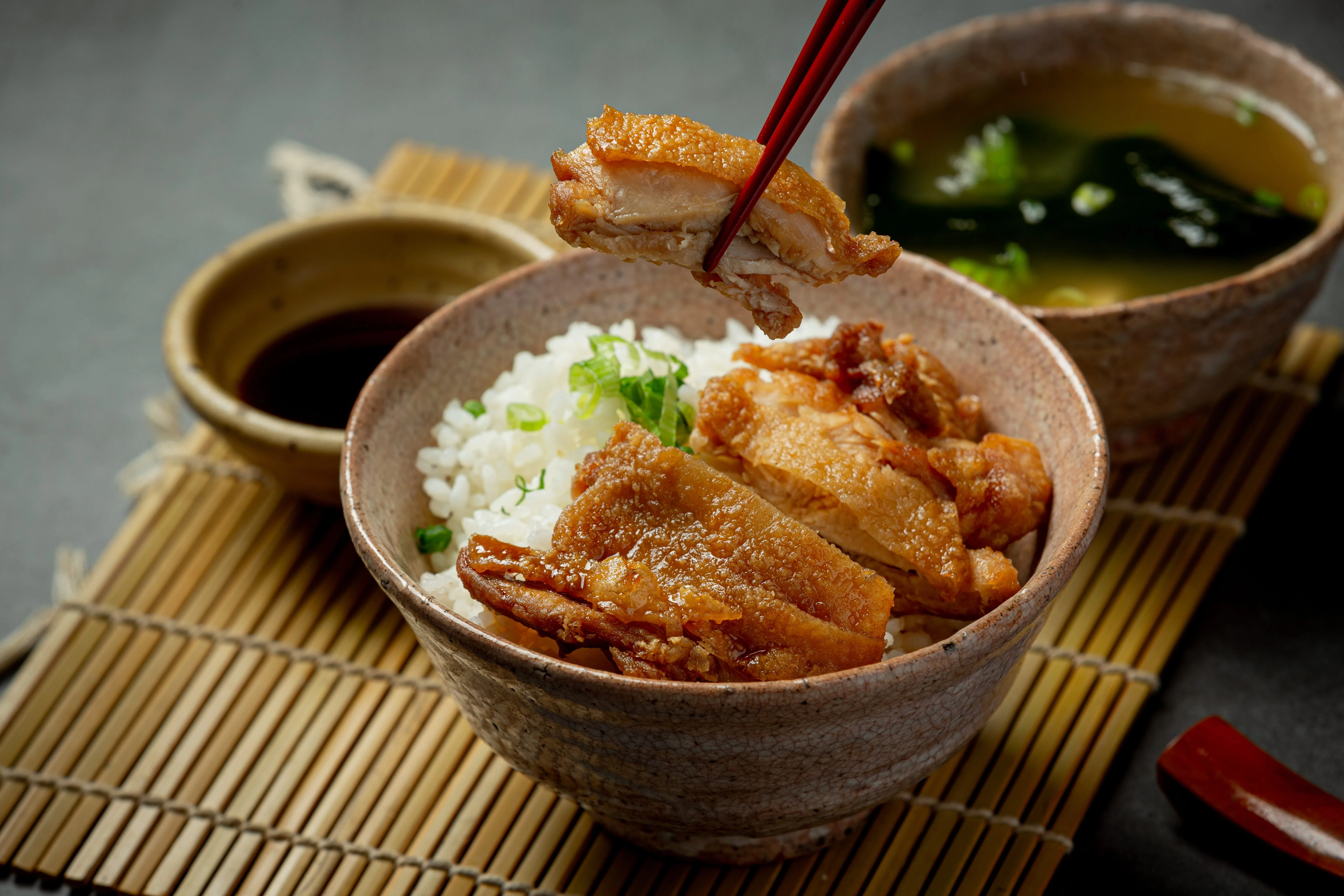 Japanese chicken katsu don served with rice and miso soup