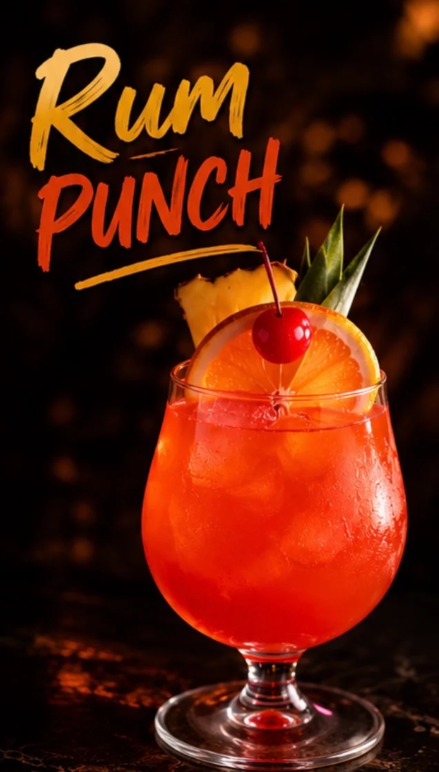 Vibrant rum punch cocktail garnished with fruit