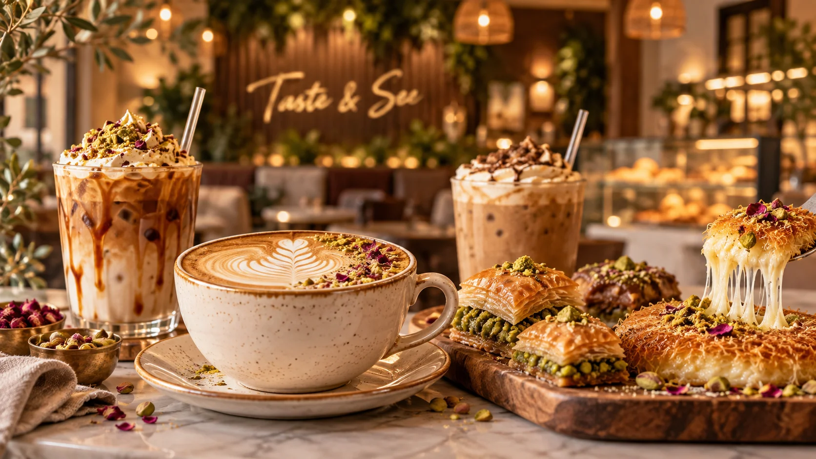 Middle Eastern café spread with pistachio baklava, kunafa, and latte art