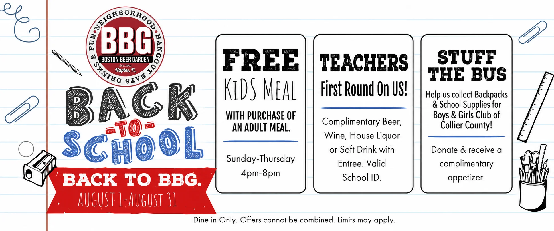 Promotional flyer for back-to-school offers at Boston Beer Garden