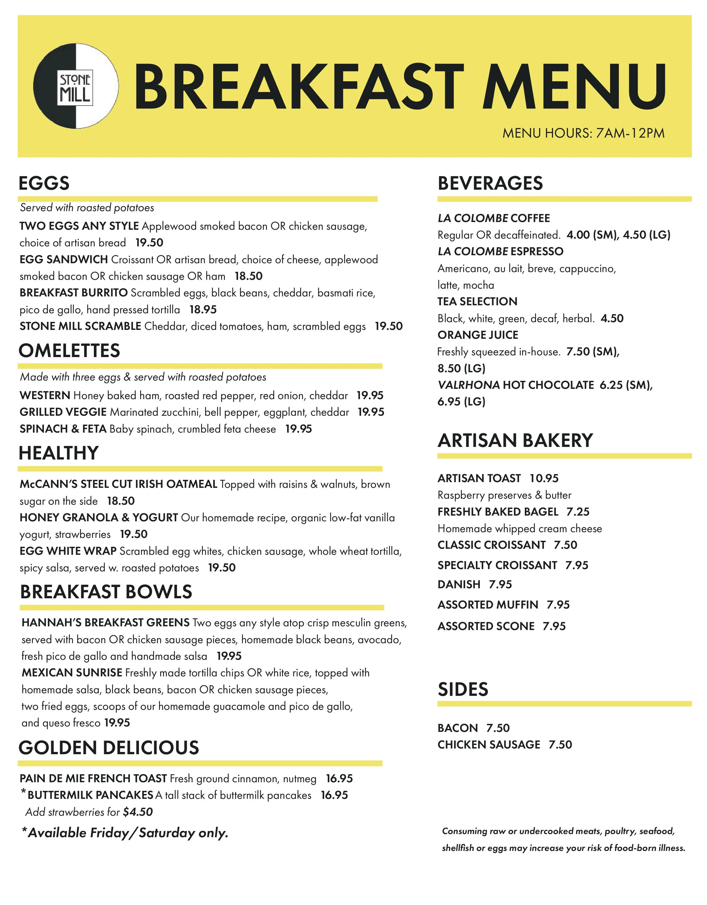Breakfast menu featuring diverse dishes and beverages