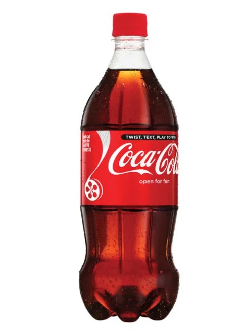 A bottle of Coca-Cola, showcasing its classic red and white branding with a fizzy liquid visibly inside.