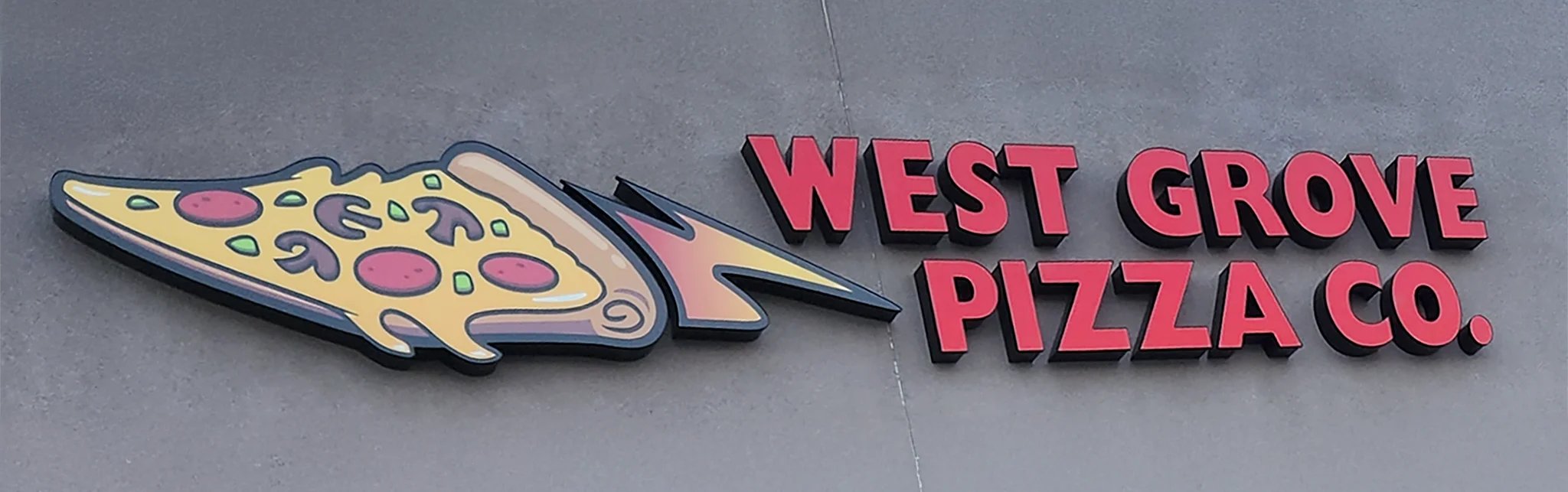 West Grove Pizza Co. sign featuring a colorful pizza slice