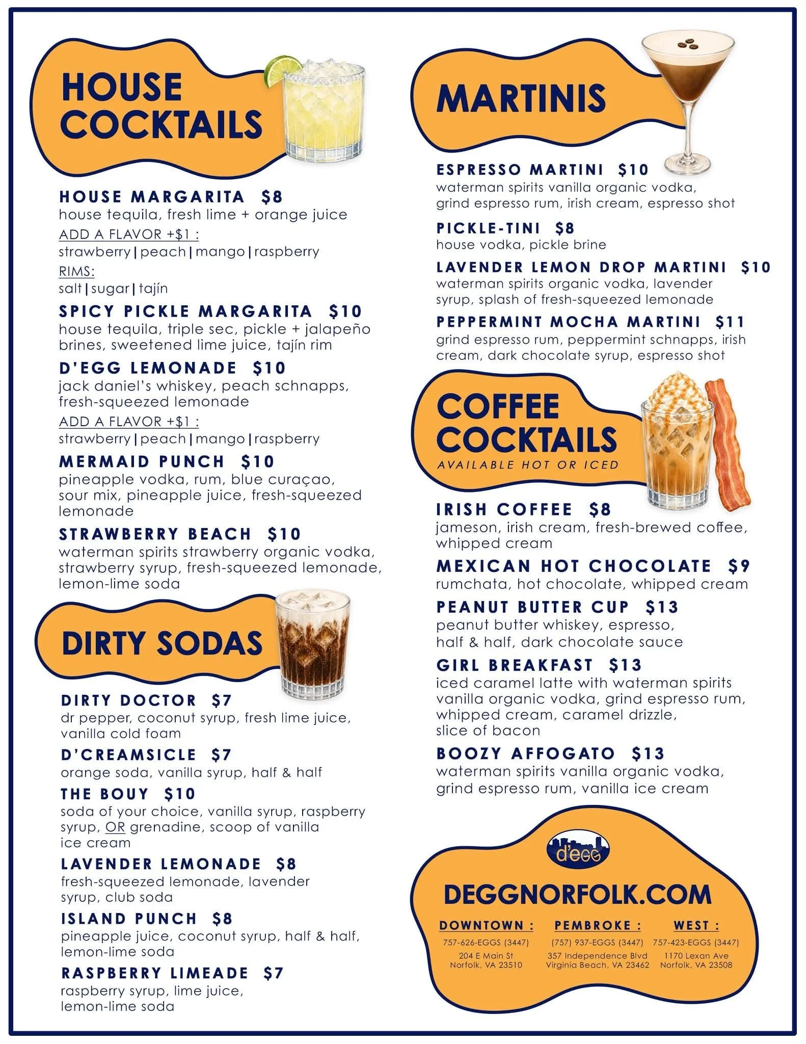 Restaurant cocktail menu featuring margaritas, martinis, coffee cocktails, and dirty sodas