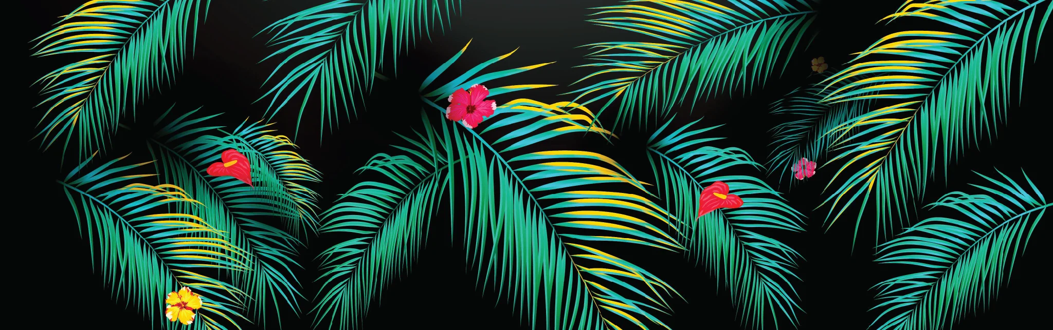 Tropical palm leaves and flowers on a dark background
