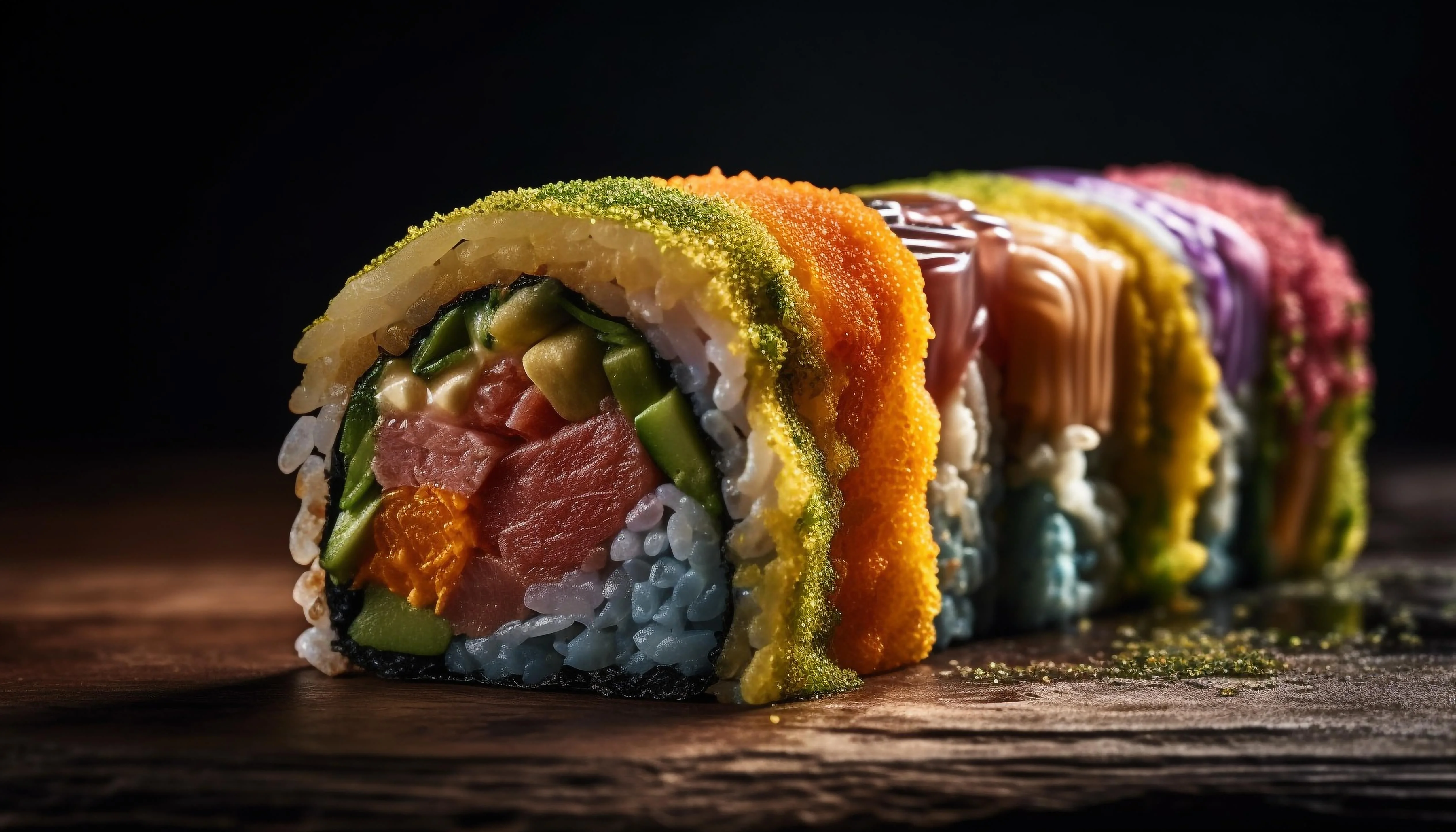 Colorful sushi roll showcasing vibrant layers