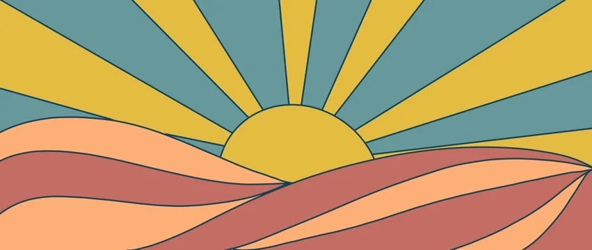 Stylized sun rising over colorful waves