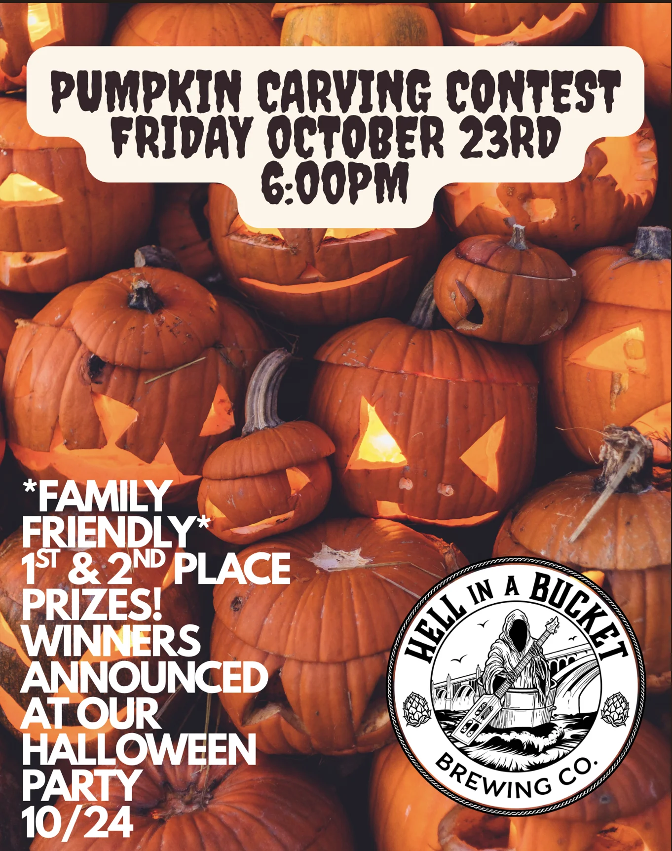 Halloween event poster featuring carved pumpkins, bold typography, and brewery logo