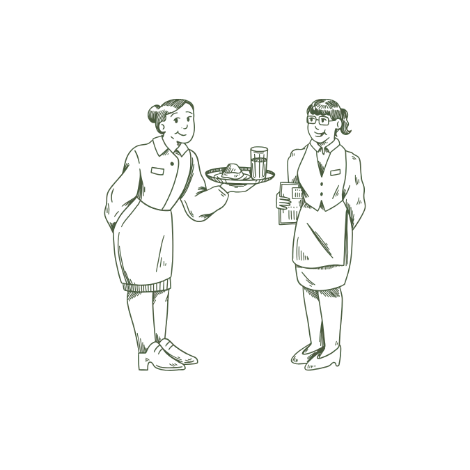 Two waitstaff serving drinks and food in a restaurant setting