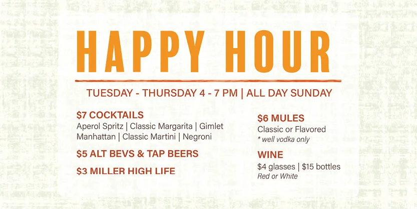 Happy Hour menu with drink specials and timings.
