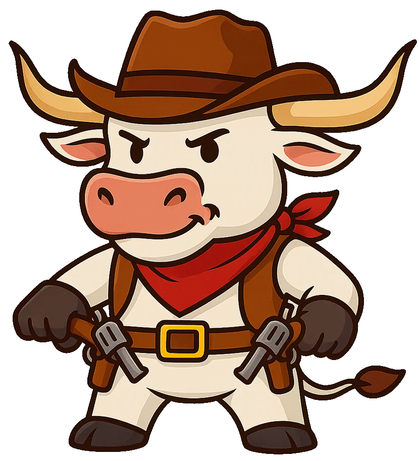 Cartoon cowboy bull character with guns and hat
