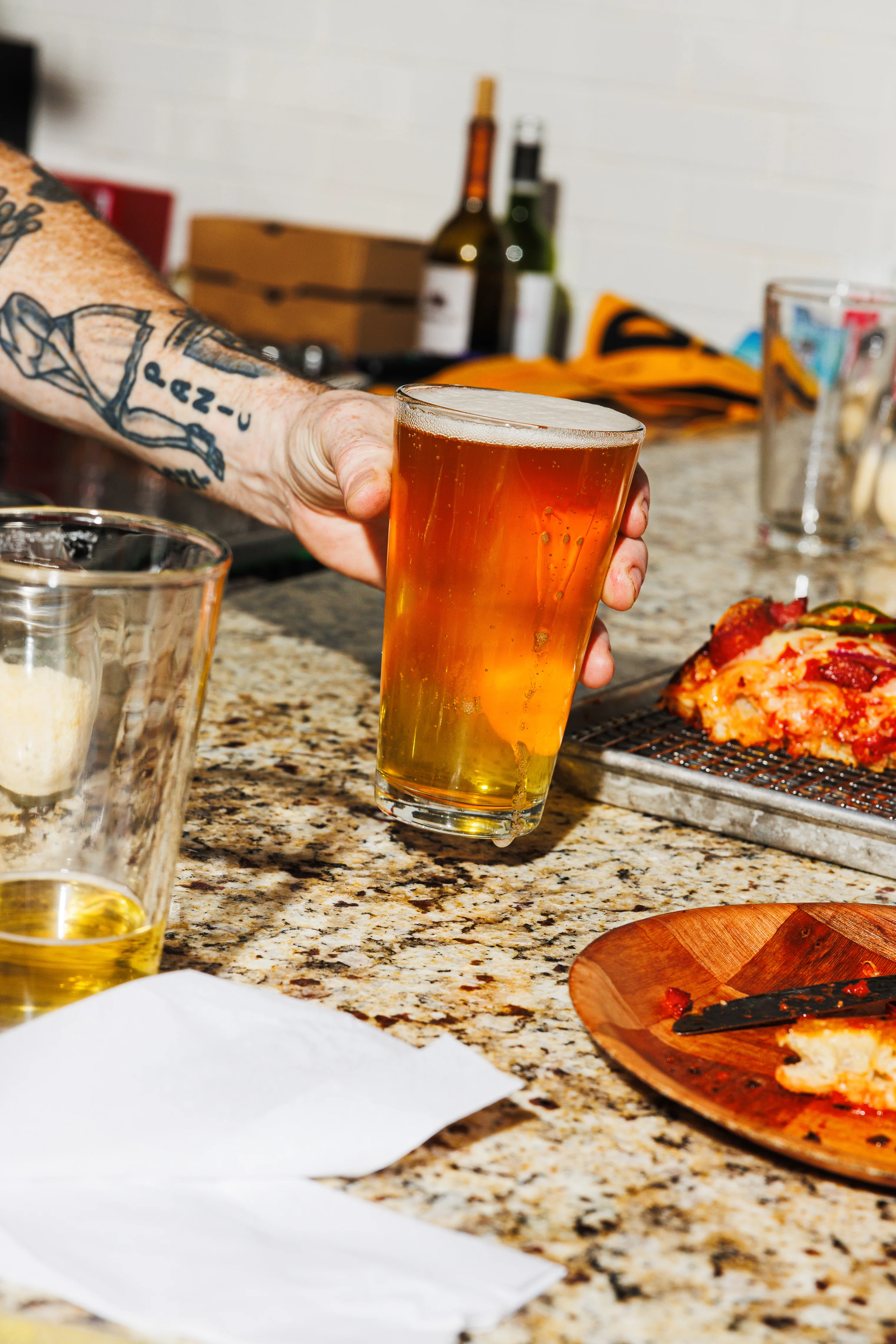 Delicious pizza with fresh toppings served on a wooden table.