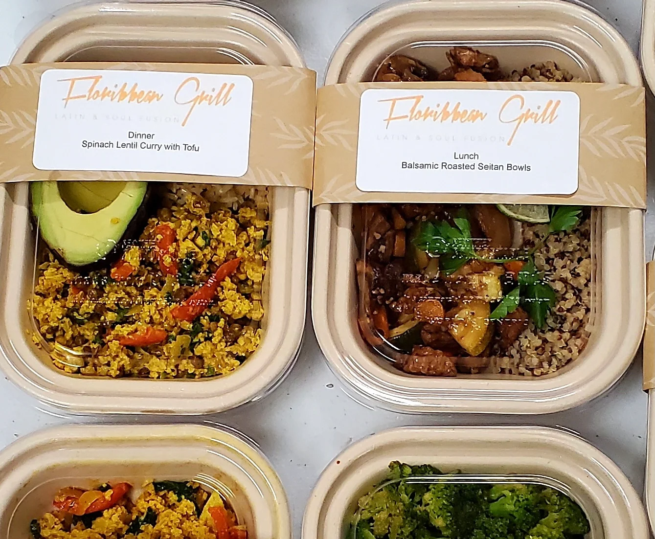 Variety of Latin and soul fusion meal prep containers