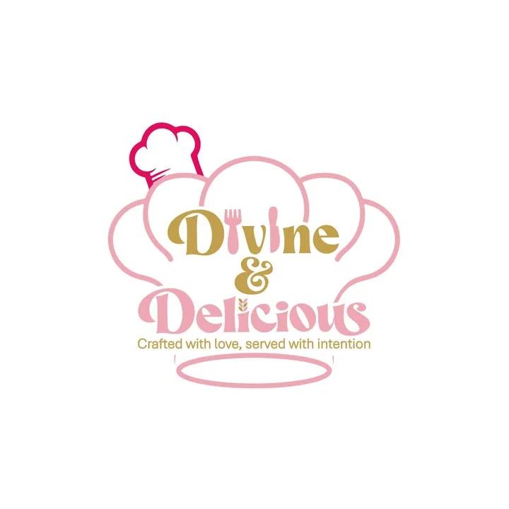 A colorful logo featuring a chef's hat, utensils, and the text 'Divine & Delicious' with a tagline emphasizing love and intention in cooking.