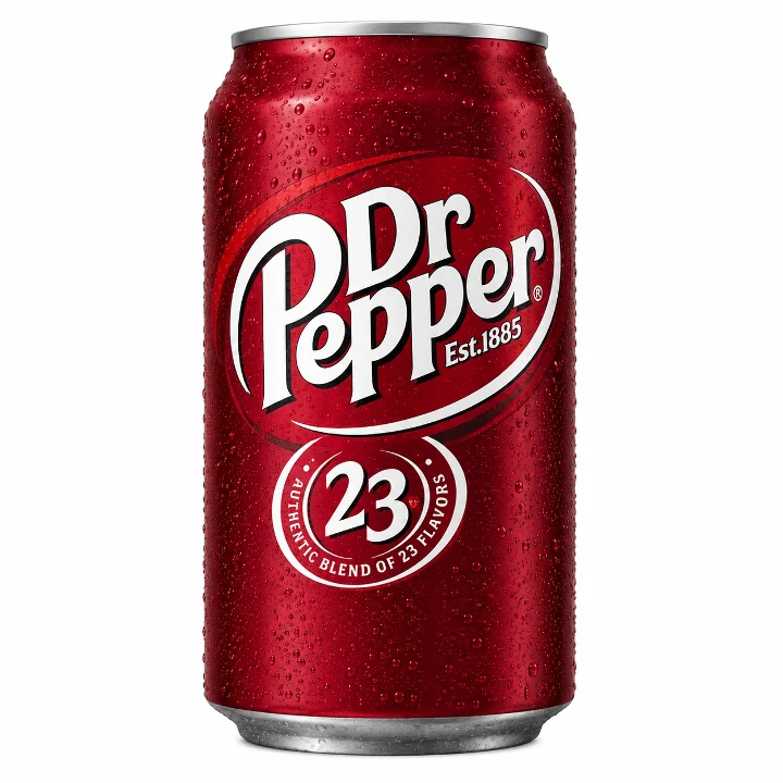 A red can of Dr Pepper soda with the label indicating an authentic blend of 23 flavors.