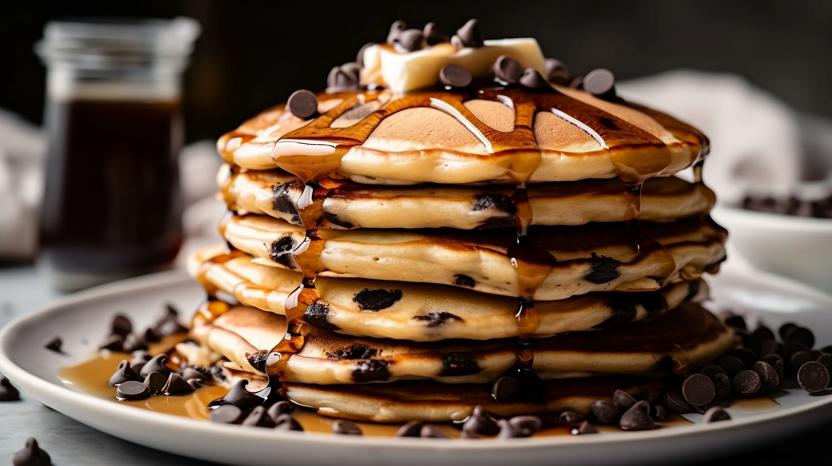 Stack of chocolate chip pancakes with syrup