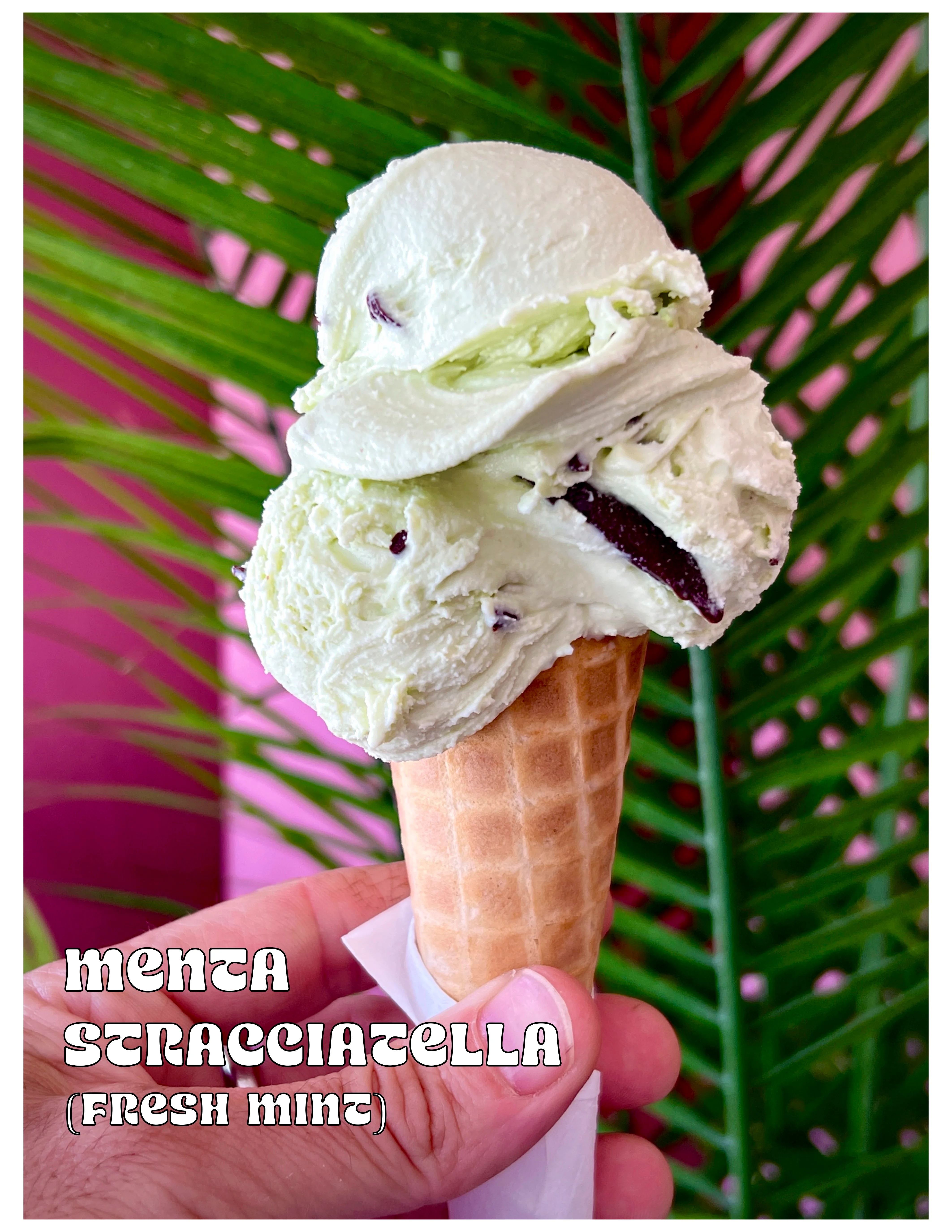 Mint stracciatella ice cream cone with fresh mint flavor